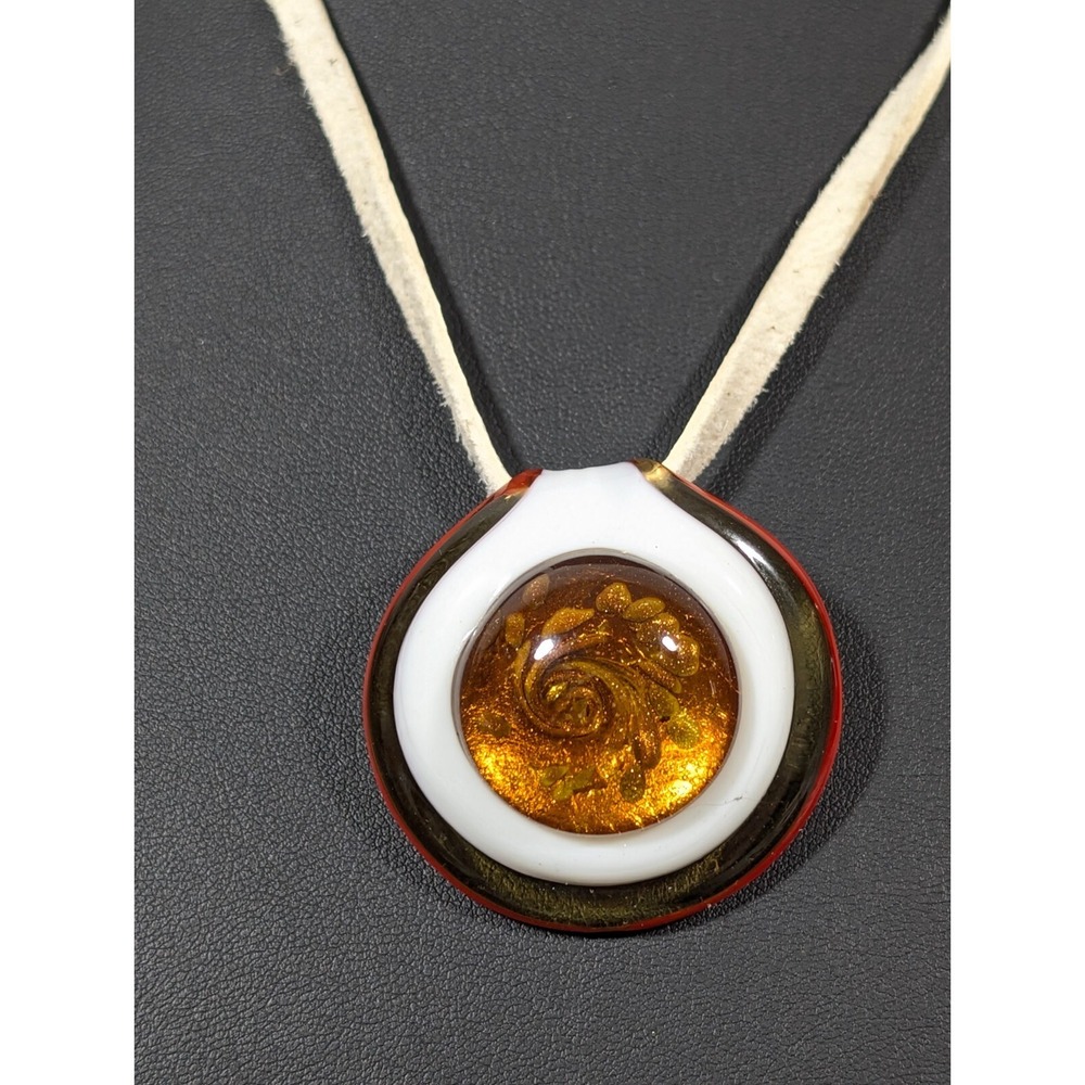 Artisan Fused Glass‎ Iridescent Abstract Pendant Cord Necklace Golden Dichroic